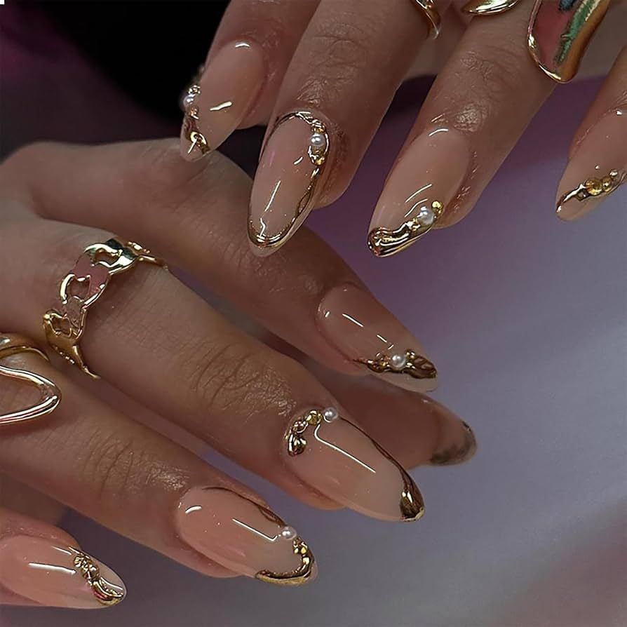 Nude Base Gold French Tips with Pearls Nude Base Gold French Tips with Pearls β Winter Date Night Nails