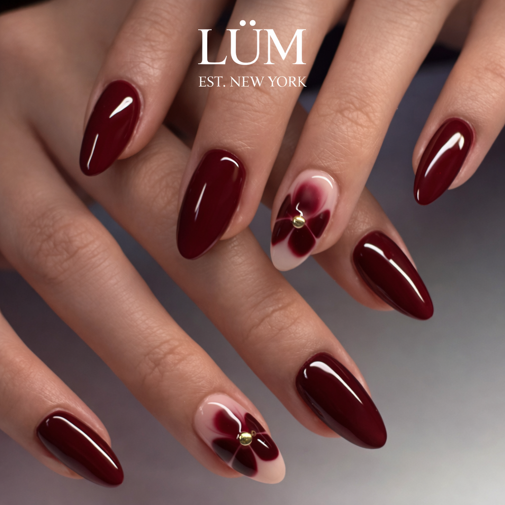 Burgundy Almonds with Delicate Floral Art Burgundy Almonds with Delicate Floral Art β Black Cherry Nails
