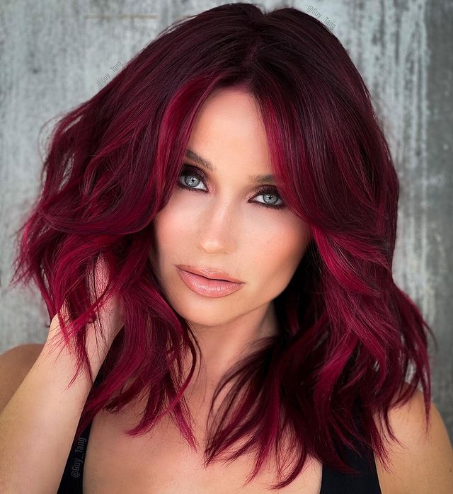 Burgundy Lob With Red Highlights — Dark Winter Hair Colors