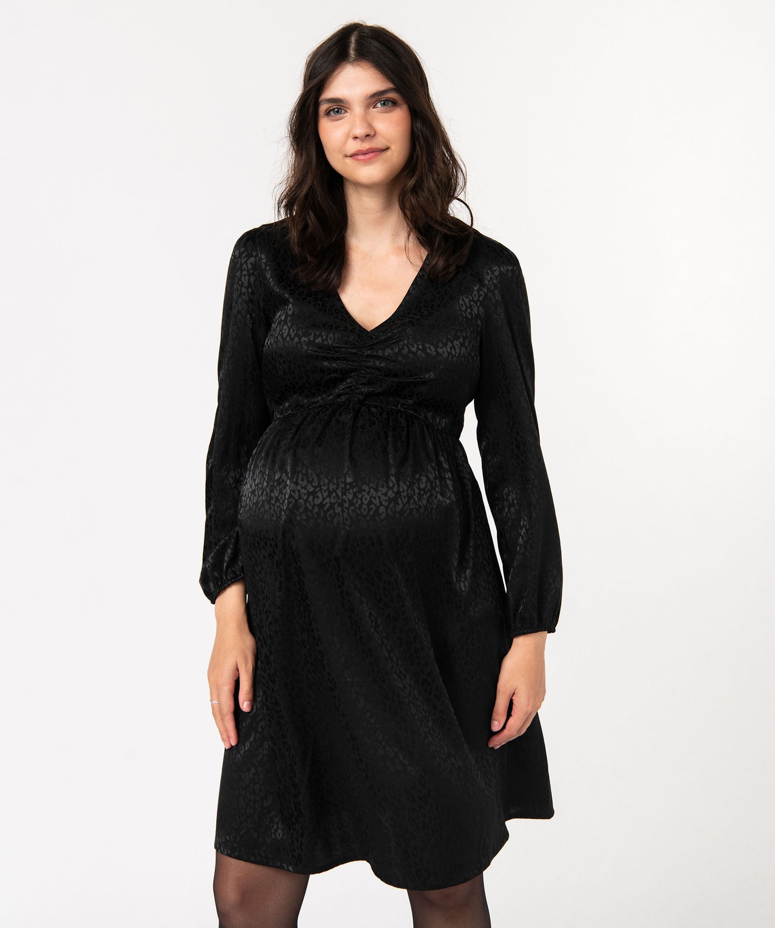 Black Satin Maternity Dress with Ruched Waist Black Satin Maternity Dress with Ruched Waist β Winter Maternity Outfits