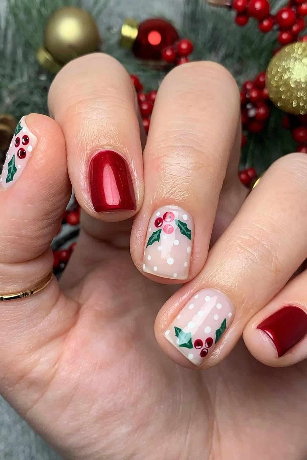 Short Square Red Metallic with Holly — Cute Christmas Nails 2026