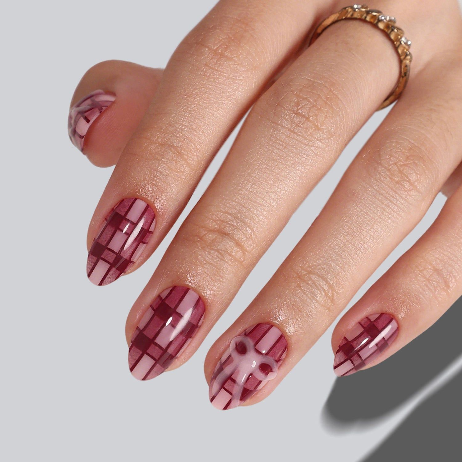 Burgundy and Pink Plaid with Bow Accent Burgundy and Pink Plaid with Bow Accent β Short Christmas Almond Nails 2026