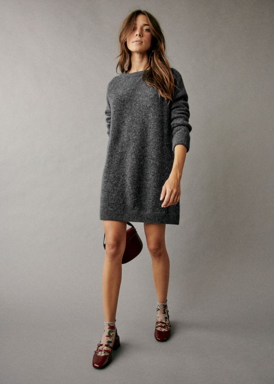 Dark Grey Fuzzy Knit Sweater Dress with Mary Janes and Patterned Socks Dark Grey Fuzzy Knit Sweater Dress with Mary Janes and Patterned Socks โ Sweater Dress Outfits