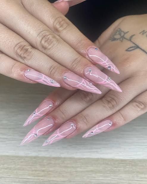 Sheer Pink Stilettos With Delicate Lines Sheer Pink Stilettos With Delicate Lines β Winter Stiletto Nails