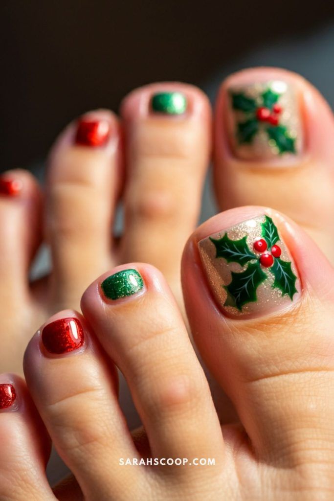 Holly Leaf Glitter Christmas Toenails Holly Leaf Glitter Christmas Toenails β Christmas Toe Nails 2026