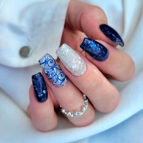Deep Blue Swirl Glitter Coffin Nails Deep Blue Swirl Glitter Coffin Nails β Winter Party Nails