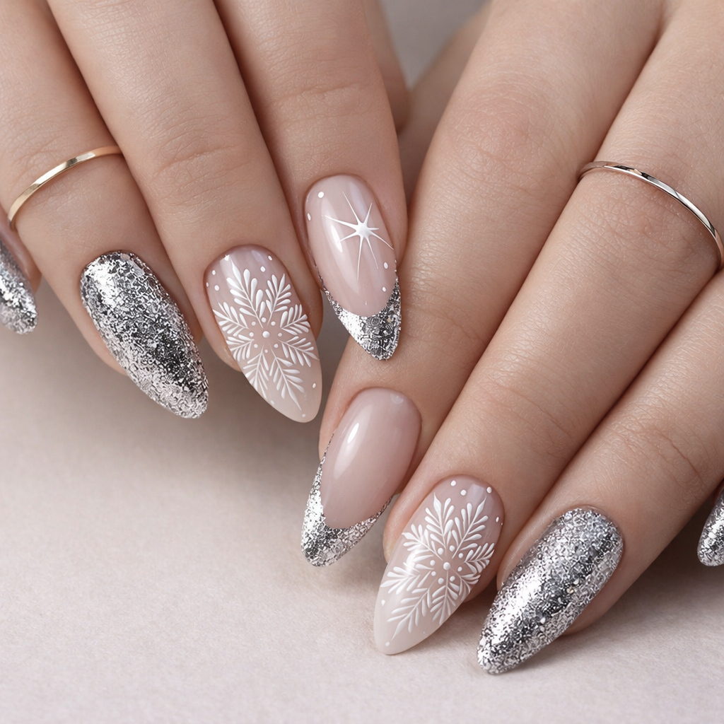 Snowflake and Silver Glitter Medium Almond Snowflake and Silver Glitter Medium Almond β Everyday Winter Nails