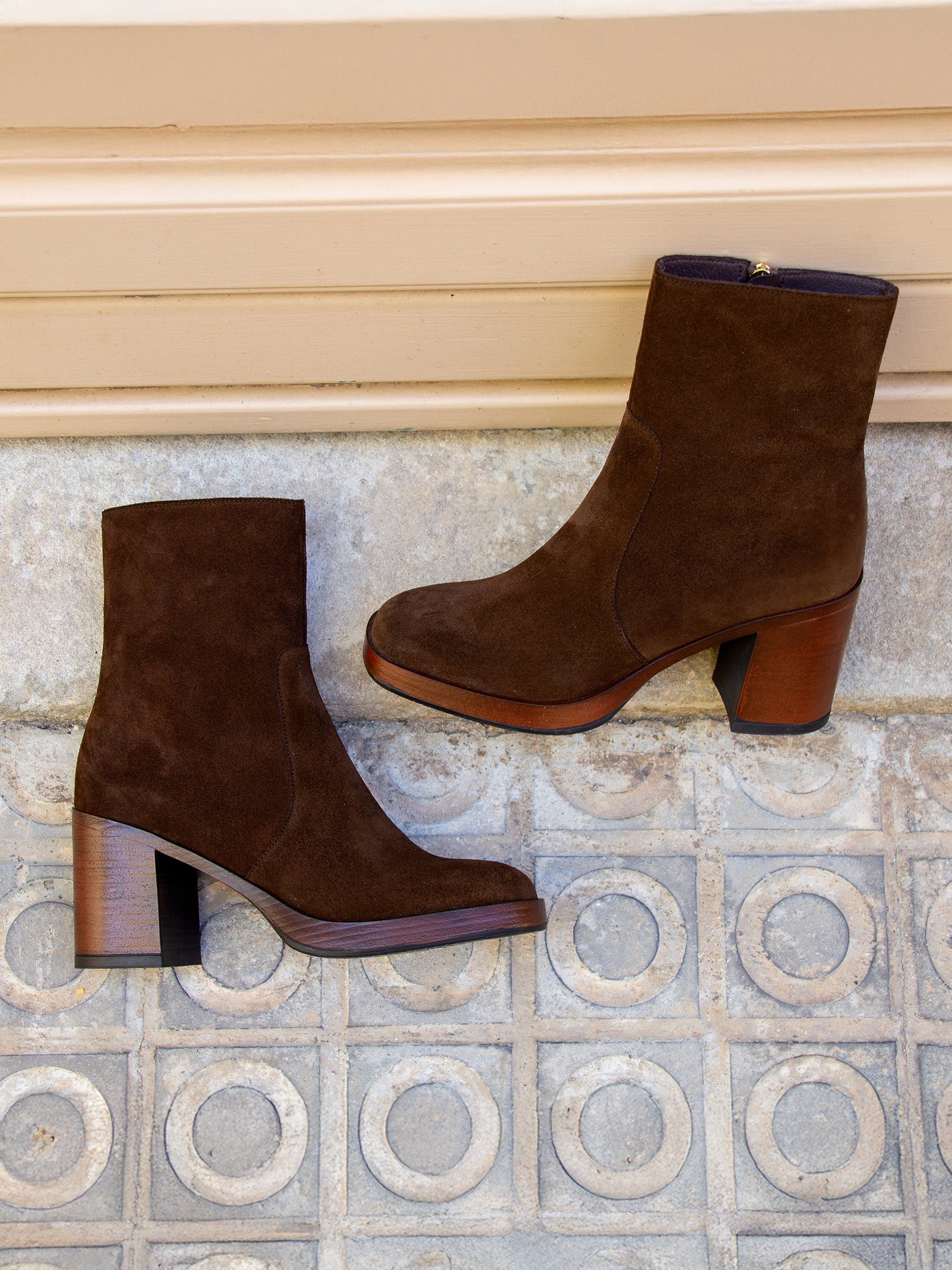 Brown Suede Platform Ankle Boots with Wooden Block Heels — Brown Boots Outfits