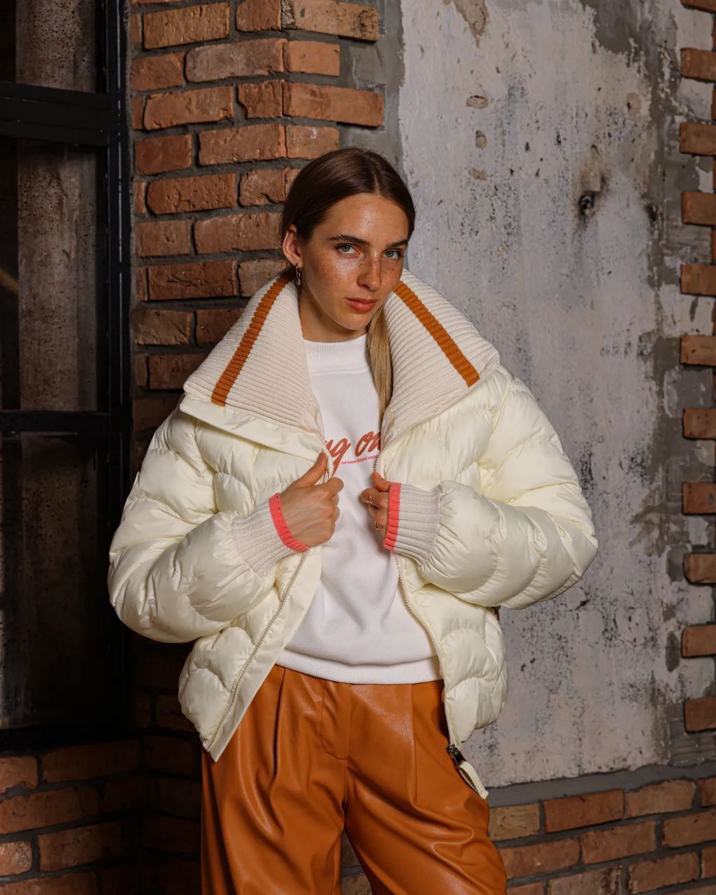 Cream Puffer Jacket with Contrasting Knit Collar and Cuffs — Winter Jackets for Women