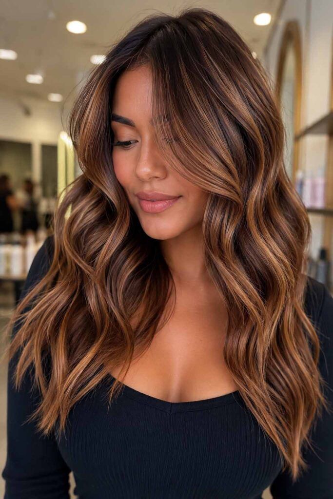 Layers Dark Brown Collarbone With Caramel Balayage — Cinnamon Brown Hair