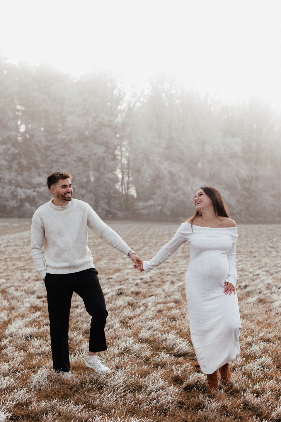 Off-the-Shoulder Maxi Dress and Sweater for a Cozy Couple's Photoshoot — Winter Photoshoot Outfits