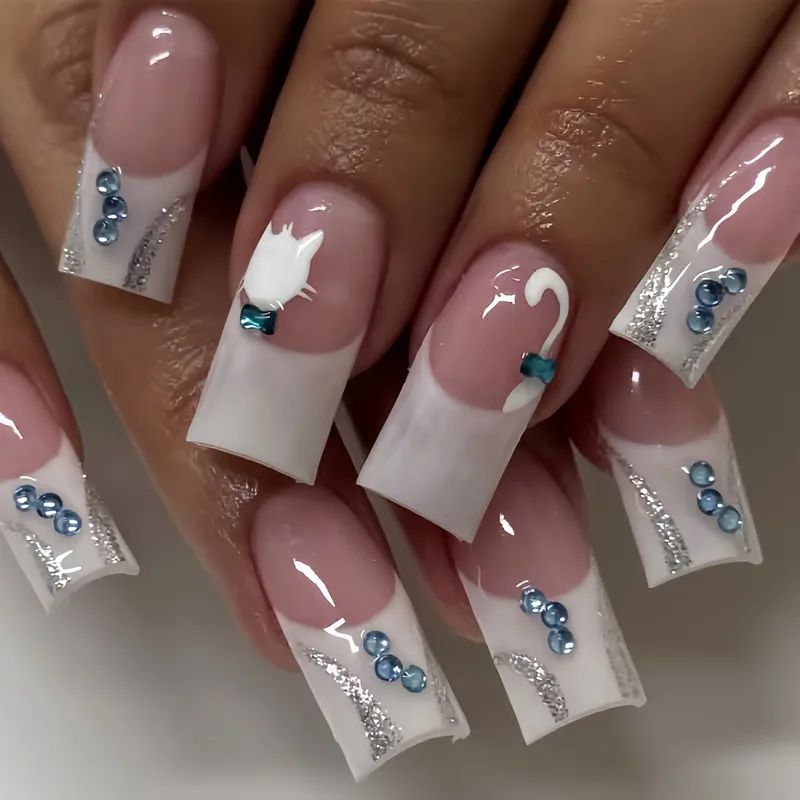 Pink French With Cat Rhinestone Art Pink French With Cat Rhinestone Art β Winter Rhinestone Nails