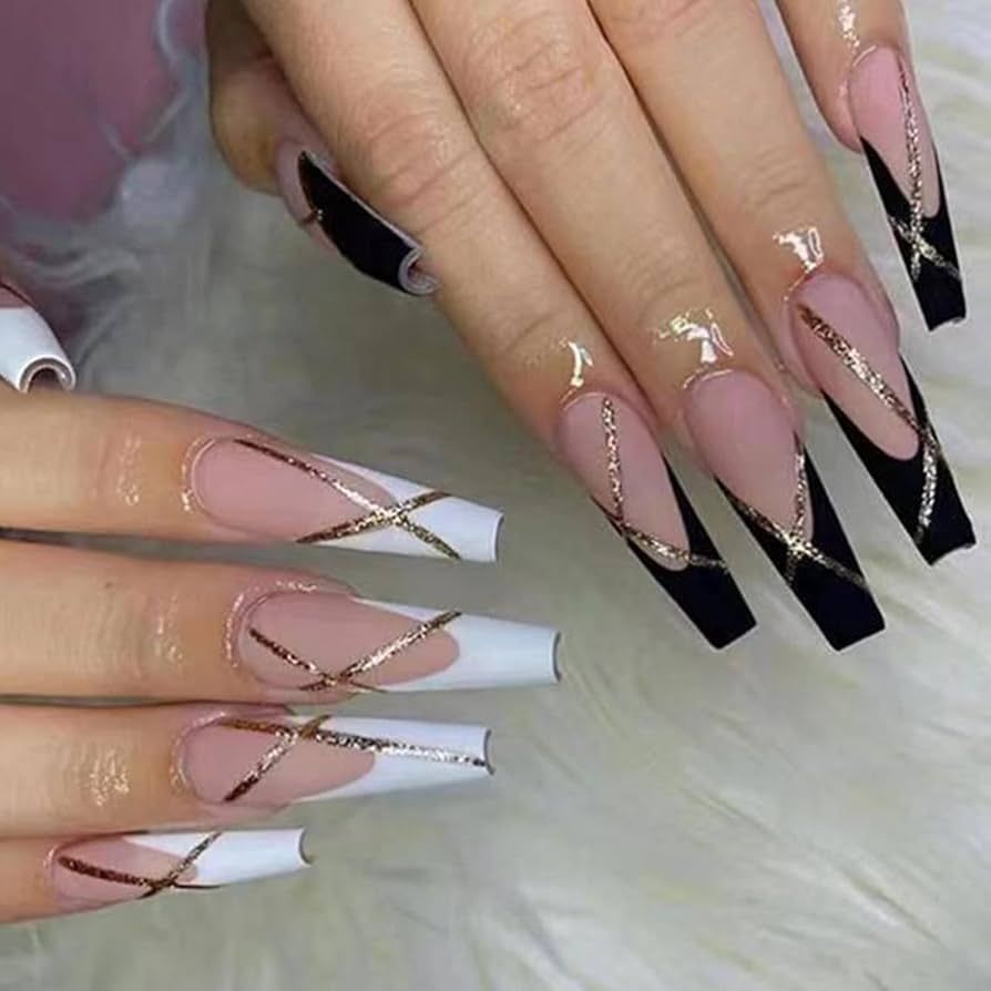 Gold Foil Accents On French Tips Visual Idea — Long Winter Coffin Nails