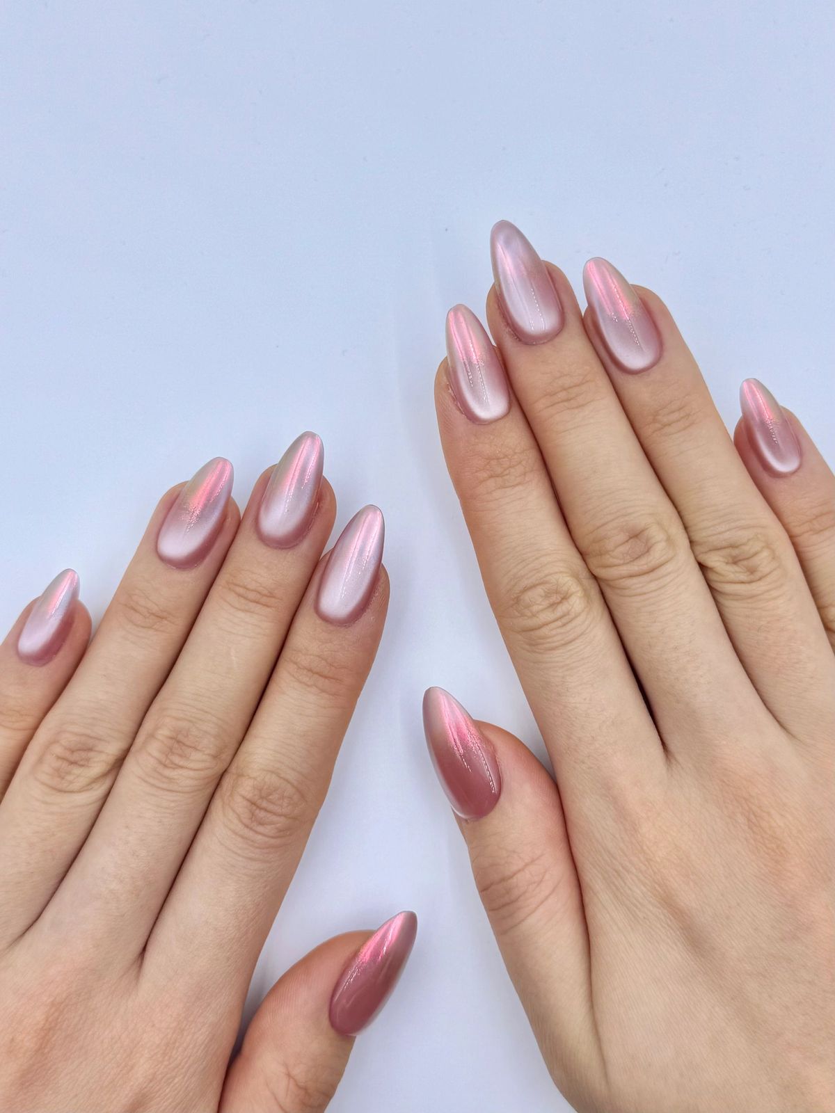 Pale Pink Iridescent Chrome Almonds Pale Pink Iridescent Chrome Almonds β Clean Girl Winter Nails
