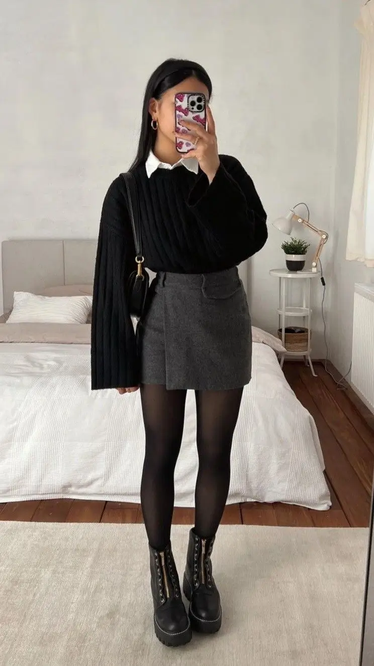 Oversized Sweater with Collared Shirt and Mini Skirt Oversized Sweater with Collared Shirt and Mini Skirt β Preppy Winter Outfits