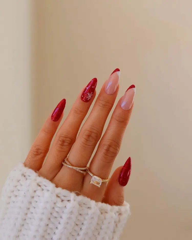 Red Glitter French Tip with Snowflake Stilettos Red Glitter French Tip with Snowflake Stilettos β Sparkly New Years Nails 2027