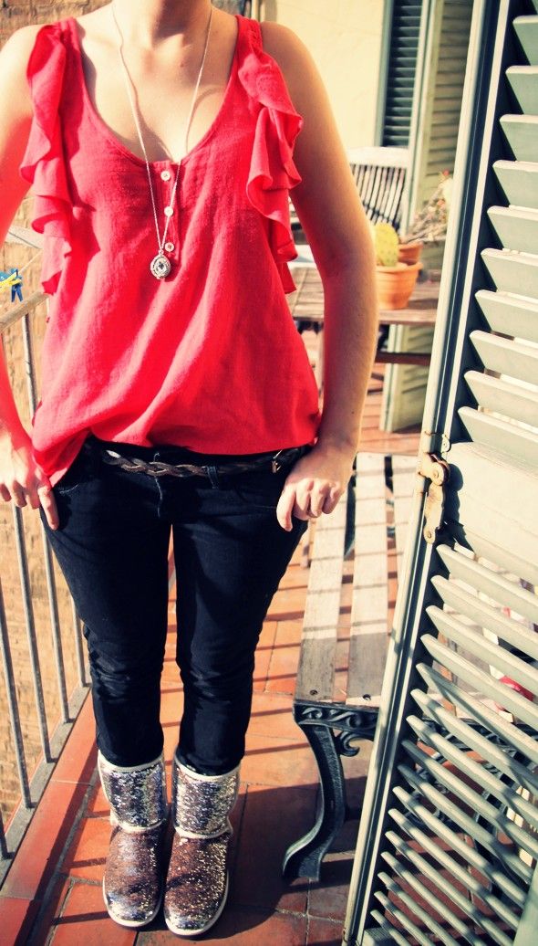 Sparkly Ugg Boots with Ruffled Top and Slim Pants — Ugg Boots Outfits