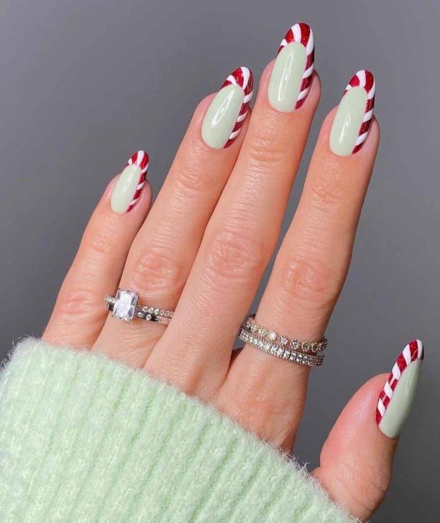 Pale Green Candy Cane French Tips Pale Green Candy Cane French Tips β Subtle Christmas Nails 2026