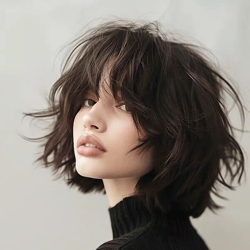 Edgy Dark Brown Textured Shag — Winter Haircuts for Square Faces