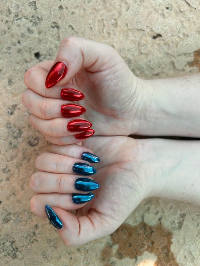 Metallic Red and Teal Chrome Stilettos — New Years Press On Nails 2027