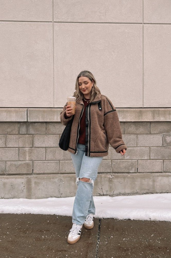 Brown Fleece Jacket with Ripped Jeans for Casual Everyday — January Outfits