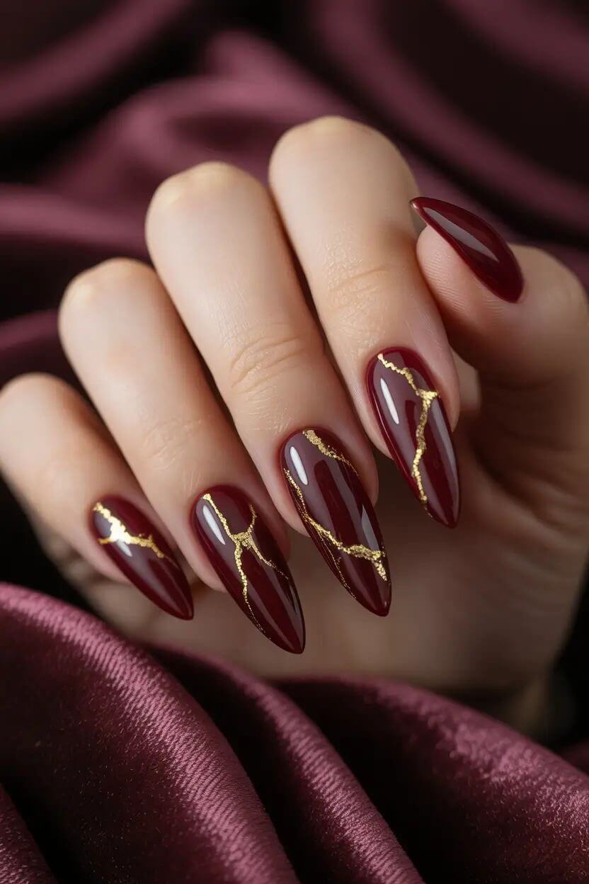 Deep Burgundy Gold Foil Cracks Deep Burgundy Gold Foil Cracks β Simple Winter Nails