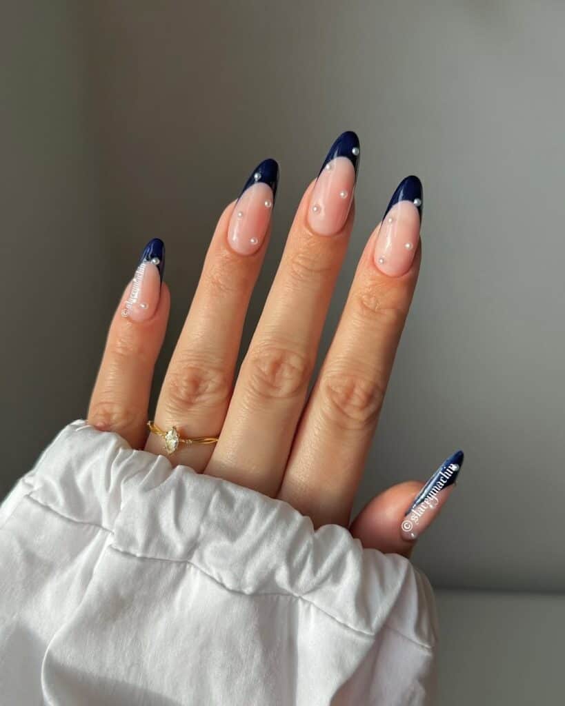 Navy Pearl Cuticle French Almond Nails Navy Pearl Cuticle French Almond Nails โ Winter Formal Nails