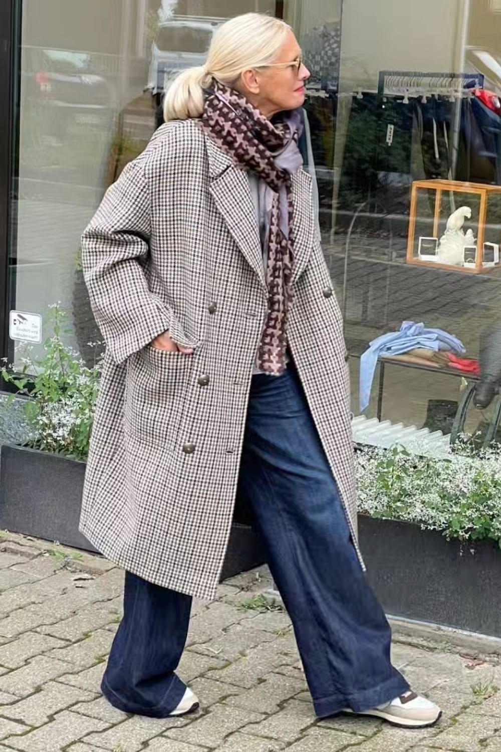 Navy Coat with Flared Trousers and Leopard Flats Navy Coat with Flared Trousers and Leopard Flats β Winter Outfits for Women Over 50
