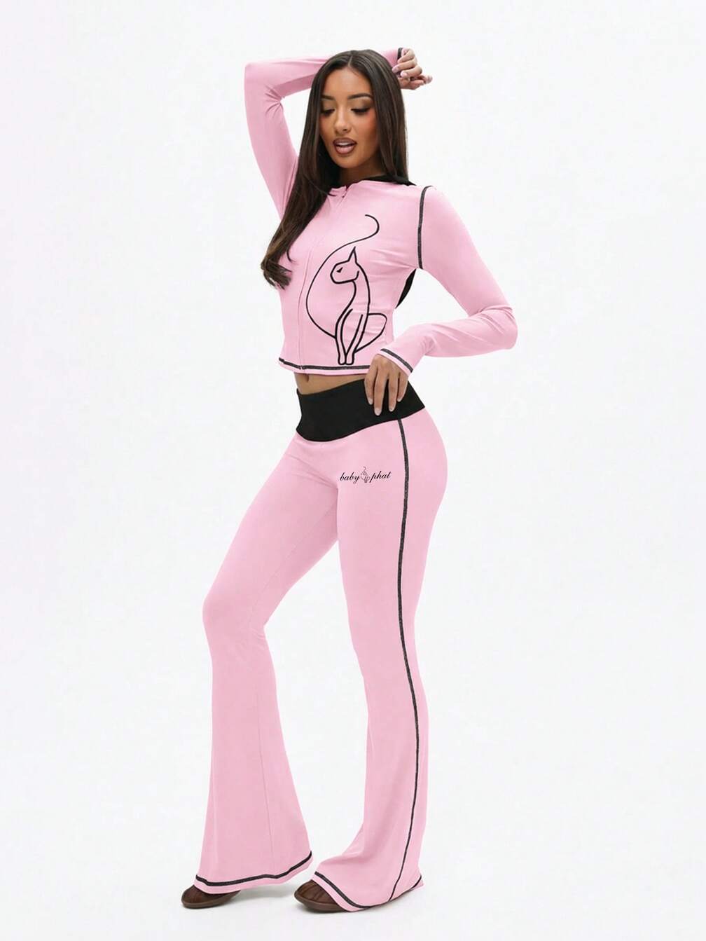 Sporty Statement: Pink Flare Leggings with Graphic Zip-Up — Flare Leggings Outfits