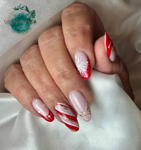 Sheer Pink French Red Tips Snowflake Gold Accent Sheer Pink French Red Tips Snowflake Gold Accent β Christmas Nails for Work 2026