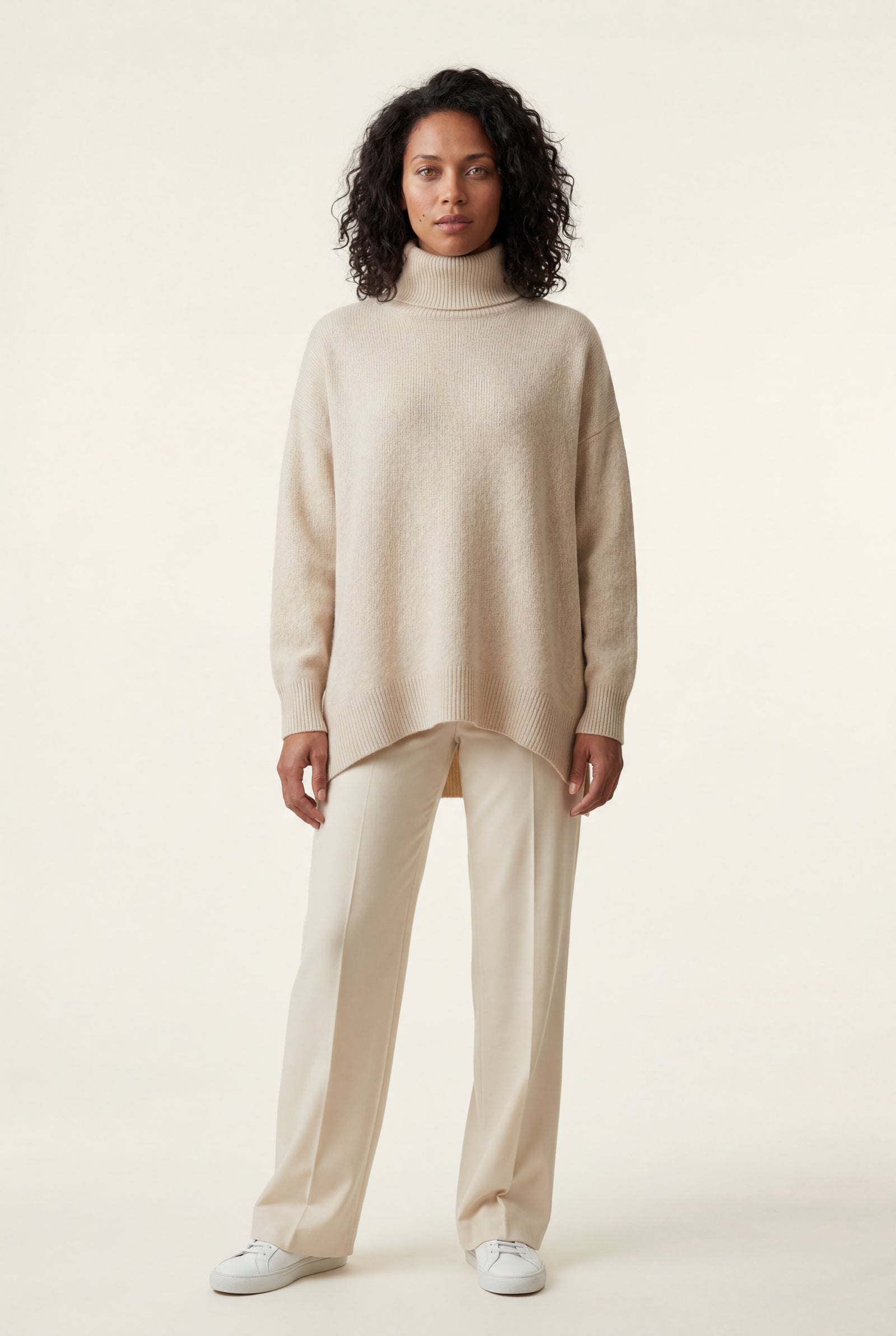Sophisticated Neutral: Beige Oversized Turtleneck with Trousers — Oversized Sweater Outfits