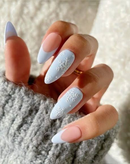 Matte Blue With White Snowflake Art Matte Blue With White Snowflake Art β NYE Nails 2027