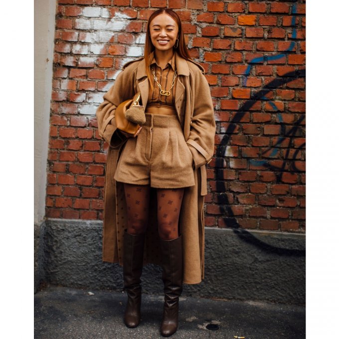 Brown Patterned Sheer Tights with Camel Coat and Brown Shorts Brown Patterned Sheer Tights with Camel Coat and Brown Shorts β Tights Outfits