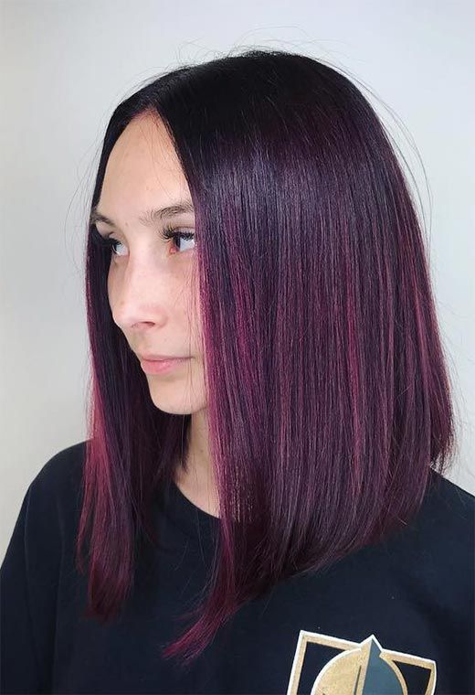 Blunt Bob With Vibrant Plum Highlights Blunt Bob With Vibrant Plum Highlights β Plum Hair Color