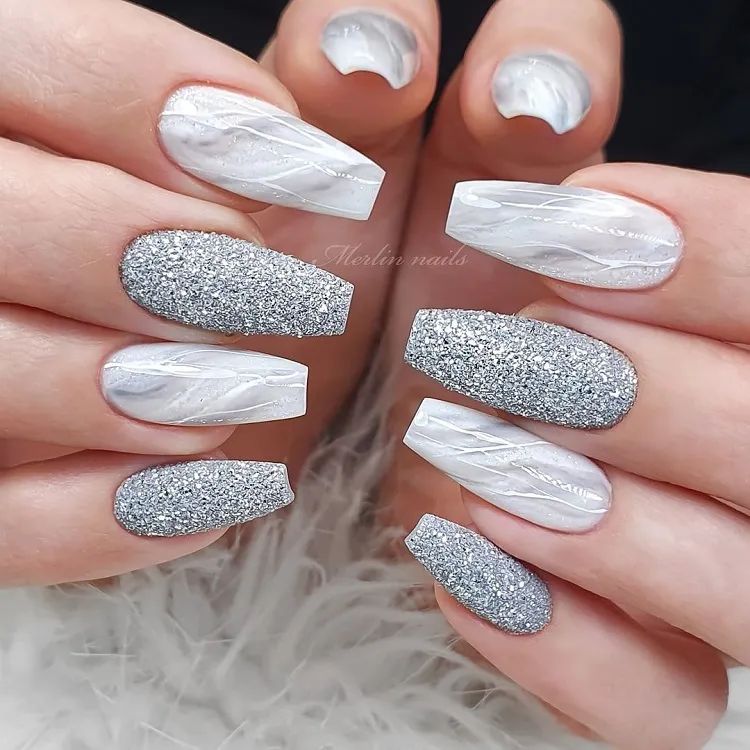 Marble and Silver Glitter Coffin Nails — Winter Marble Nails