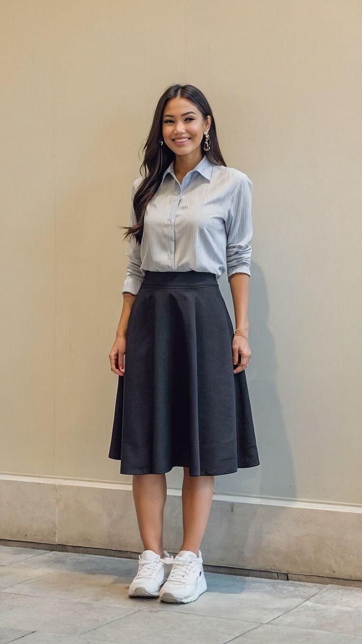 Button-Down Shirt with a Flared Midi Skirt Button-Down Shirt with a Flared Midi Skirt β Winter Teacher Outfits