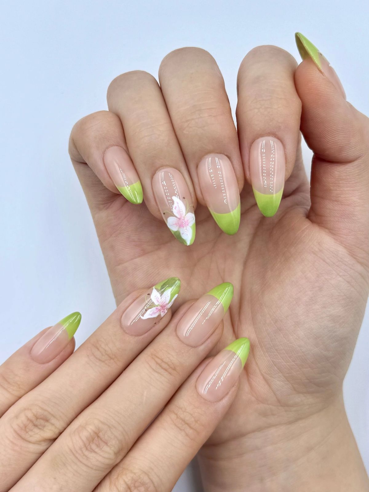Natural Base Lime Green French with Floral Art Natural Base Lime Green French with Floral Art β Winter to Spring Transition Nails