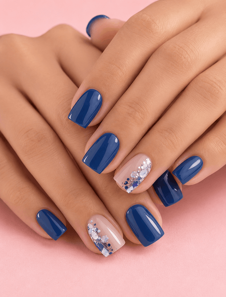 Glossy Navy Blue with Silver Glitter Accent Medium Square Nails Glossy Navy Blue with Silver Glitter Accent Medium Square Nails β Navy Blue Nails