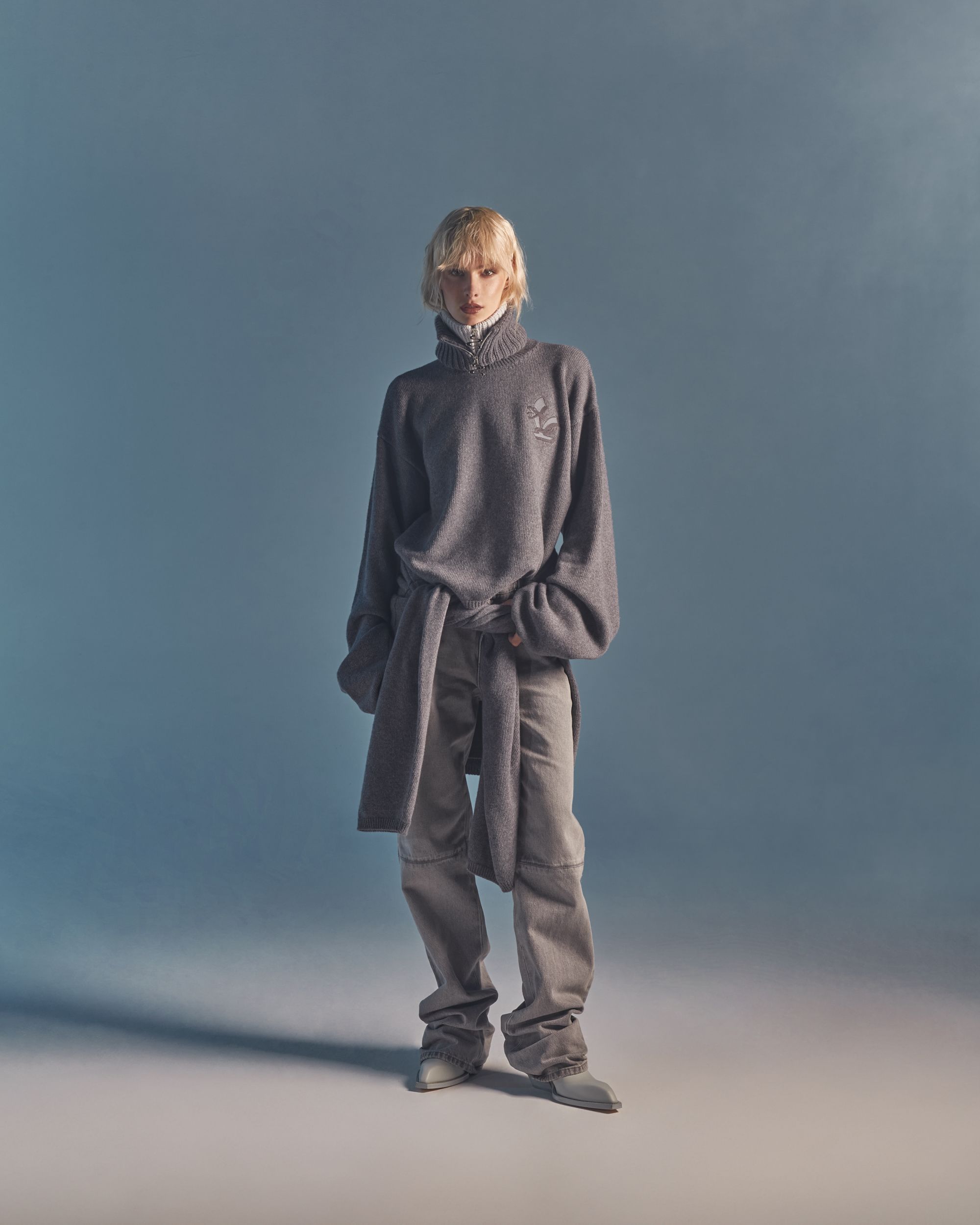 Monochromatic Grey Knitwear with Sweater Tied at Waist — Winter Capsule Wardrobe