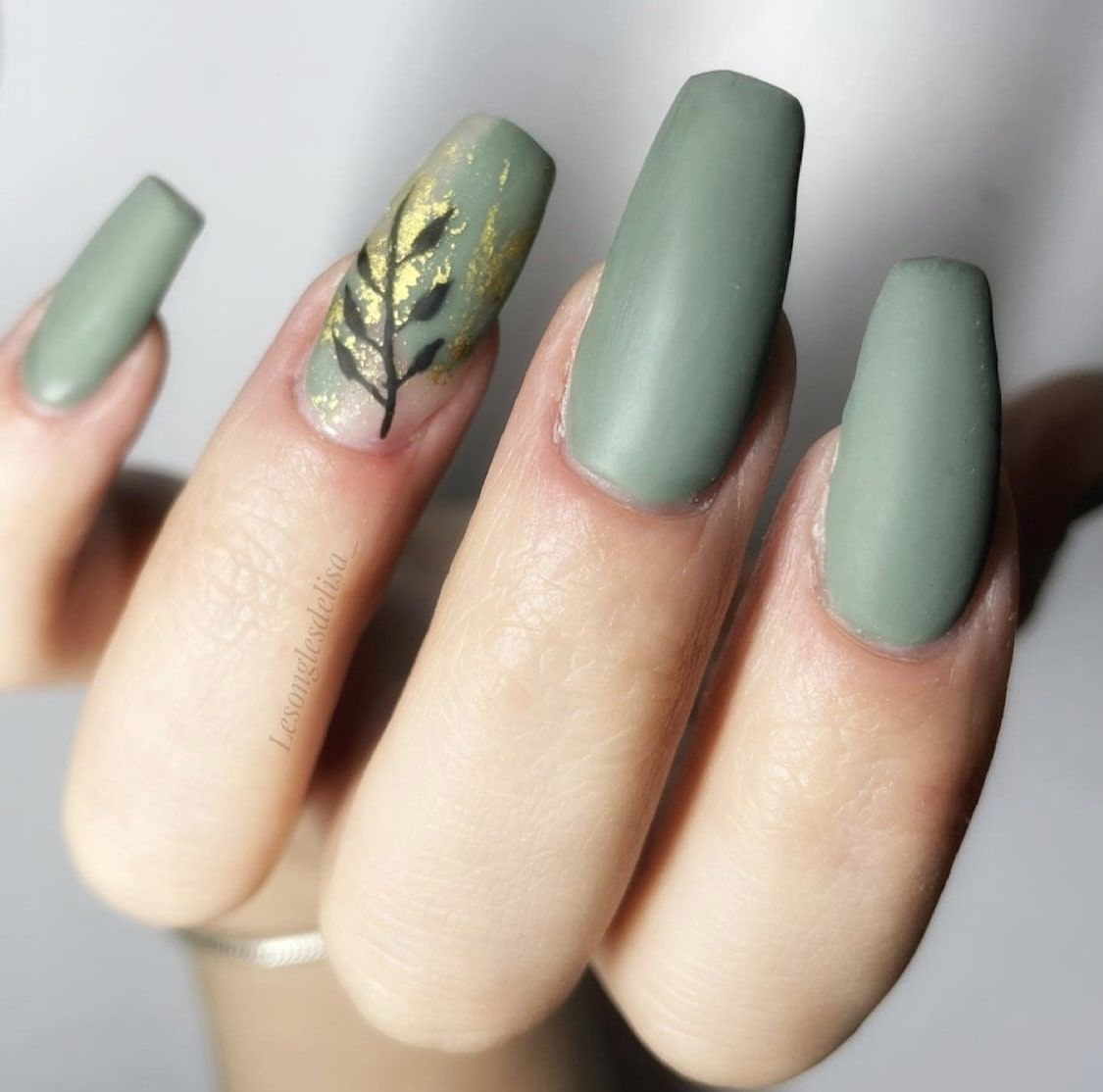 Matte Sage Green Leaf Art Coffin Matte Sage Green Leaf Art Coffin โ Fall to Winter Nails