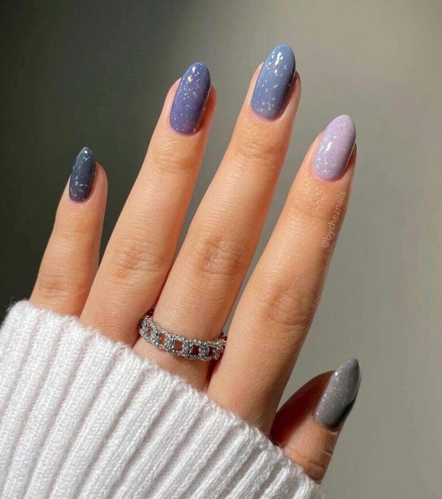 Blue to Lavender Glitter Gradient Ovals — Pastel Winter Nails