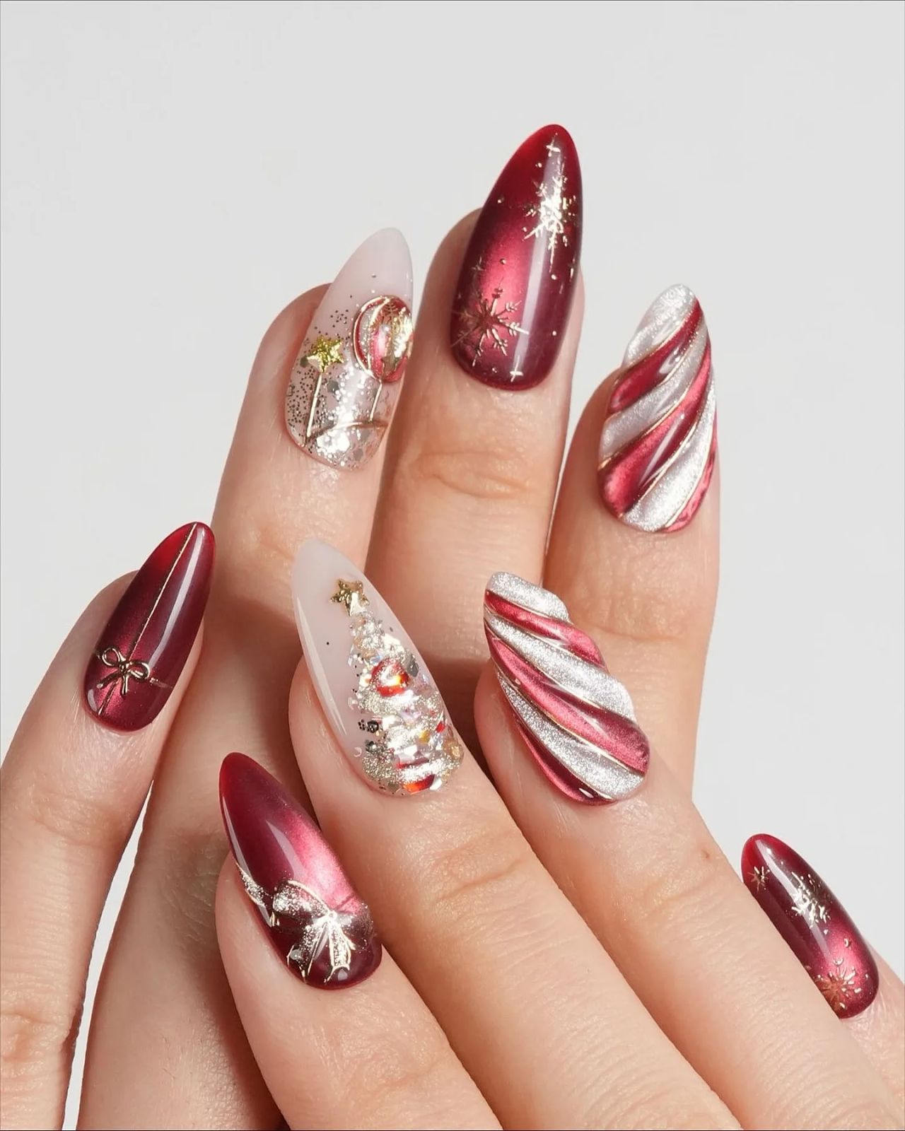 Ornate Christmas Tree Stiletto Nails — Cute Christmas Nails 2026