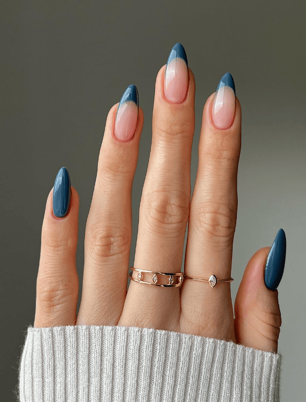 Muted Blue Gradient French Almond Muted Blue Gradient French Almond โ Winter Blue Nails