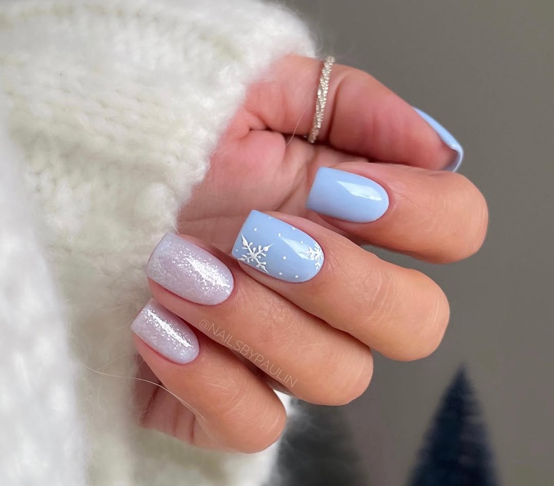 Short Square Icy Blue Snowflake — Winter Nail Colors