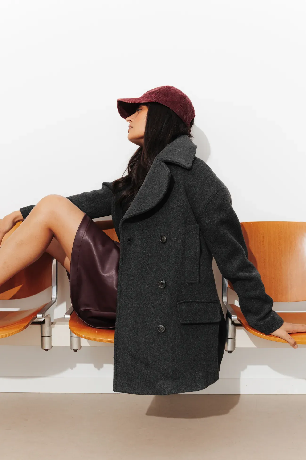 Charcoal Grey Peacoat with Burgundy Cap Charcoal Grey Peacoat with Burgundy Cap β Y2K Winter Outfits