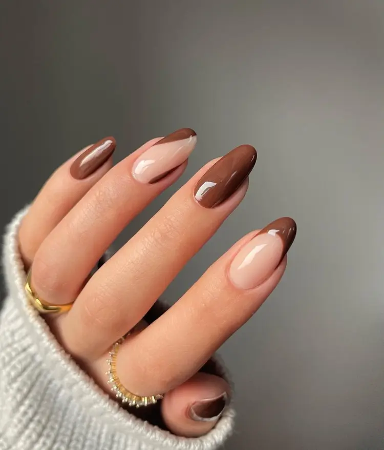 Deep Chocolate Brown Almond French Tips Deep Chocolate Brown Almond French Tips β Winter French Tip Nails