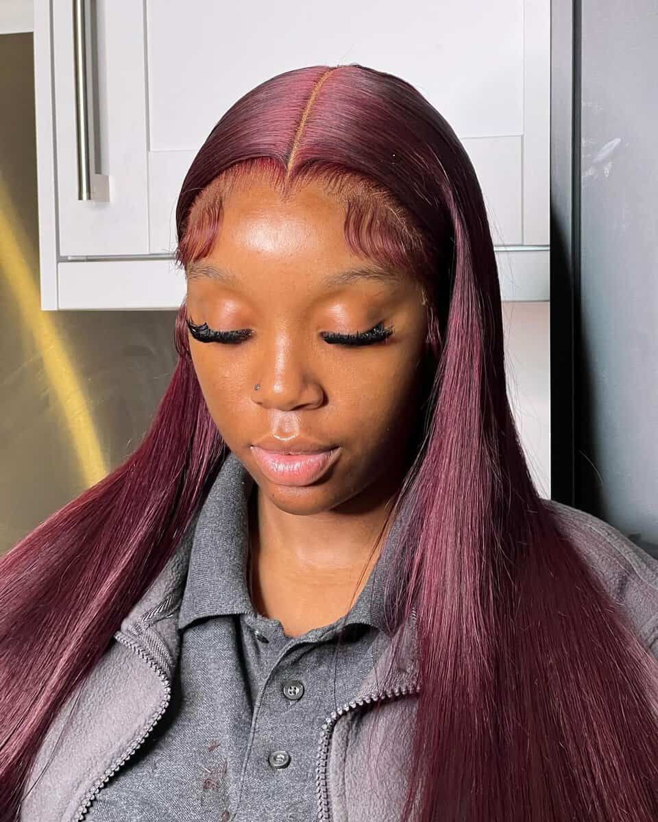 Deep Burgundy With Wispy Bangs Deep Burgundy With Wispy Bangs β Burgundy Hair Color