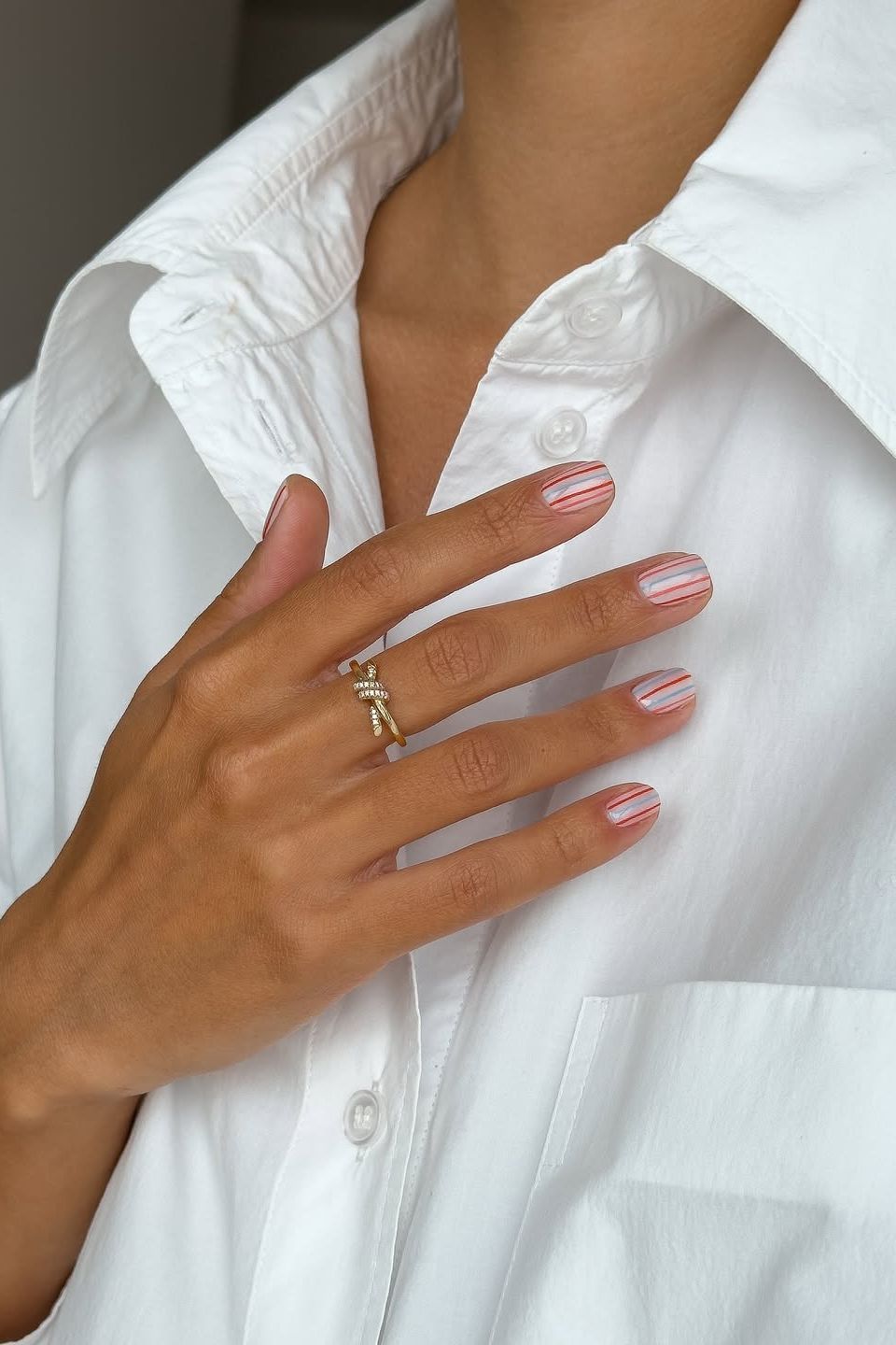 Short Square Sheer Pink with Red and Blue Stripes Short Square Sheer Pink with Red and Blue Stripes β Winter to Spring Transition Nails
