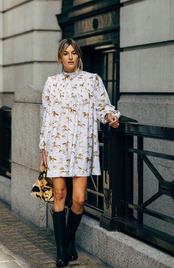 Playful Horse Print Mini Dress with Black Wellington Boots Playful Horse Print Mini Dress with Black Wellington Boots β Slouchy Boots Outfits