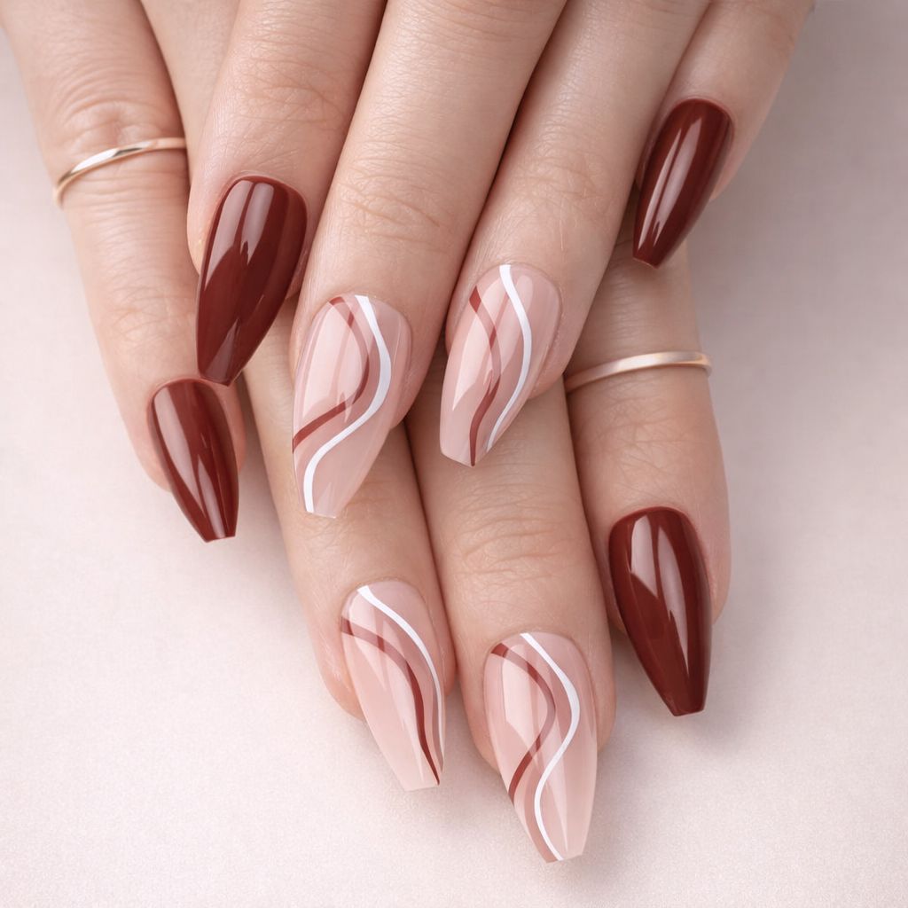 Medium Coffin Swirl Design Nails Medium Coffin Swirl Design Nails β Burgundy Nails